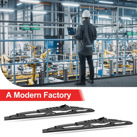 No Fuss 32 Inch Rv Windshield Wiper Blades Pair durable rubber shown in a modern factory setting with manufacturing equipment.