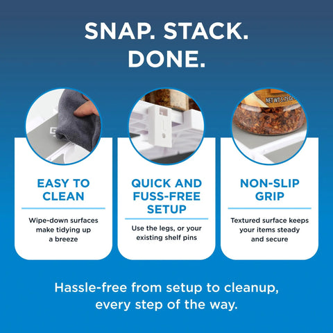Expandable Two Tiered Spice Rack Organizer For Cabinet And Pantry Storage showing easy clean surfaces and no-slip grip features.