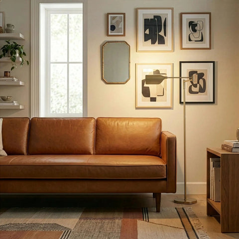 Living room with leather sofa and Leaf Pharmacy LED Reading Lamp With Dimmable Floor Lamp Design Adjustable Rotation Over Chair Or Desk