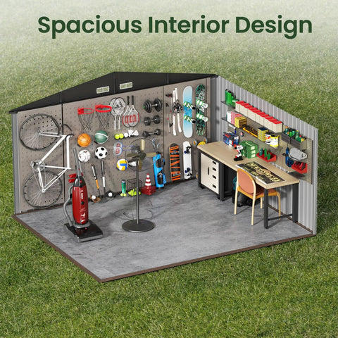 Interior view of 12 By 10 Ft Outdoor Metal Storage Shed For Backyard And Patio, organized with tools and sports equipment.