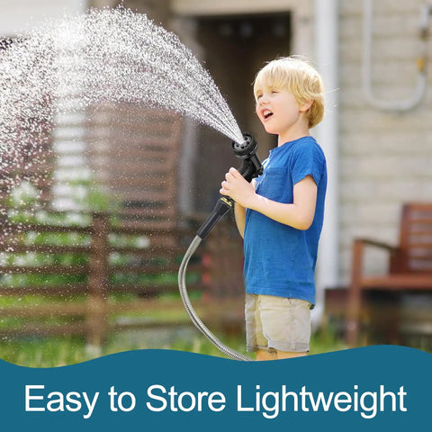 Child using Stainless Steel Garden Hose 75ft Heavy Duty Metal Water Hose with 10 Function Nozzles for Yard and Outdoor Use