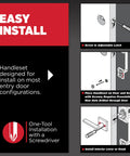Illustration of easy door handle install, showing steps for the Prague Front Door Handle Set With Interior Knob Nonlocking Exterior Handleset Sleek Matte Black Microban Protection Easy DIY