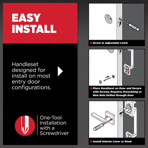 Illustration of easy door handle install, showing steps for the Prague Front Door Handle Set With Interior Knob Nonlocking Exterior Handleset Sleek Matte Black Microban Protection Easy DIY
