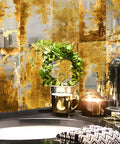 Antique Mirror Effect Peel And Stick Wall Panels Set Of 35 In Gatsby Gold Brown Acrylic installed behind sink