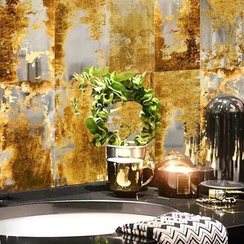 Antique Mirror Effect Peel And Stick Wall Panels Set Of 35 In Gatsby Gold Brown Acrylic installed behind sink