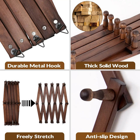 Expandable Wall Hat Rack With Sixteen Wooden Hooks Adjustable Coat Organizer That Fits Any Squeeze While Sorting Baseball Caps Cowboy Hats And Puffer Jackets No Fuss At All
