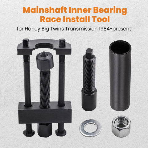 Harley Big Twin mainshaft bearing race installer/puller tool with clamp frame, threaded rods, sleeve, washer, and nut
