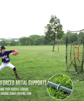 Child practicing baseball by throwing a ball at a 7X7 Baseball Practice Net Featuring Adjustable Strike Zone And Height Adjustable Tee.