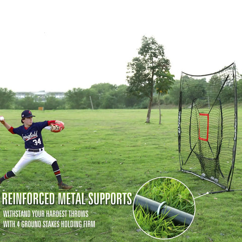Child practicing baseball by throwing a ball at a 7X7 Baseball Practice Net Featuring Adjustable Strike Zone And Height Adjustable Tee.