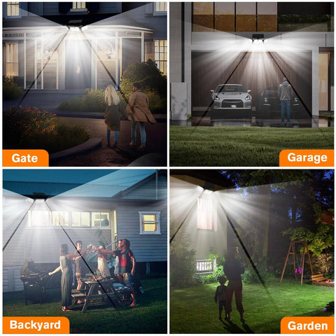 Outdoor Solar Motion Lights For Deck Quick Charge High Brightness With Large Tempered Glass Panel Sensitive PIR Motion Sensor Remote Included 2 Pack Bundle illuminating gate, garage, backyard, and garden.