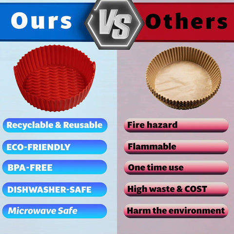 Comparison of reusable red silicone liner vs. disposable paper liner for 3 Pack 7.5 Inch Air Fryer Liners Set For Ninja Air Fryer.