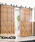 Rustic Black Double Track U Shape Bypass Sliding Barn Door Hardware Kit For Four Doors With 12 Foot Flat Track installed
