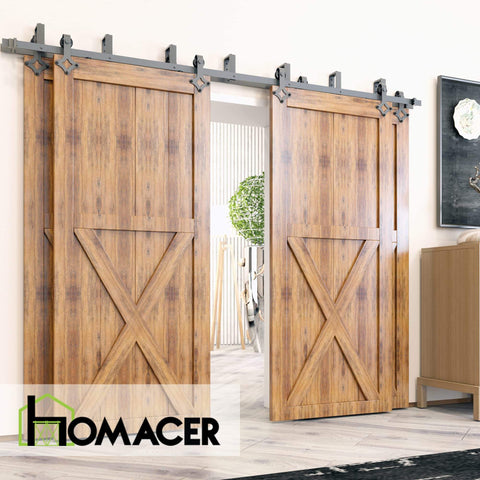 Rustic Black Double Track U Shape Bypass Sliding Barn Door Hardware Kit For Four Doors With 12 Foot Flat Track installed