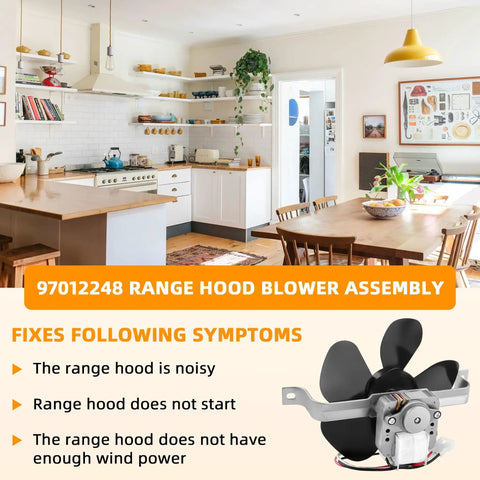 Kitchen with table and plants, Range Hood Motor Replacement For Nu-Tone 40000 And 42000 Series, close-up fan assembly.