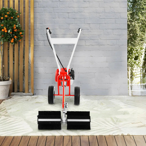 43cc Gas Walk Behind Push Sweeper For Outdoor Debris Cleanup. Features Wide 23 Inch Sweeping Path And Rolling Brush Brooms To Quickly Clear Leaves Grass Litter From Driveways Patios And Large Yards With Reliable Two Stroke Engine Power