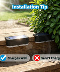 Solid Solar Fence Lights Outdoor Deck Waterproof Warm White Glow 8 Pack installed on wooden steps providing installation tip.
