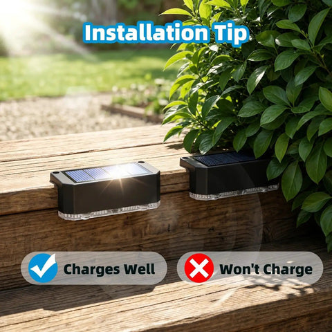 Solid Solar Fence Lights Outdoor Deck Waterproof Warm White Glow 8 Pack installed on wooden steps providing installation tip.
