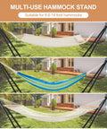 Multi-use hammock stand supporting different hammocks, showcasing Heavy Duty Hammock Stand For Indoors And Outdoors, 660 Lb Capacity, Fits 9.6 To 14 Ft Hammocks, All Steel Frame, Built To Last Weatherproof Universal 2 Person Ready, Black.