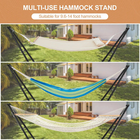 Multi-use hammock stand supporting different hammocks, showcasing Heavy Duty Hammock Stand For Indoors And Outdoors, 660 Lb Capacity, Fits 9.6 To 14 Ft Hammocks, All Steel Frame, Built To Last Weatherproof Universal 2 Person Ready, Black.