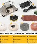 Compact Electric Mini Bench Grinder And Jewelry Buffer Polisher with accessories including sandpaper and buffing wheels.