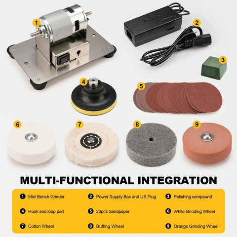 Compact Electric Mini Bench Grinder And Jewelry Buffer Polisher with accessories including sandpaper and buffing wheels.