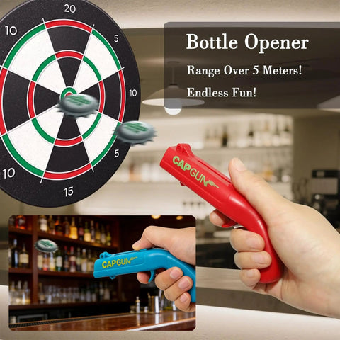 Cap Launcher Bottle Opener Gun for Parties and Tailgates in red, shooting cap towards dartboard, ideal BBQ gift for men.