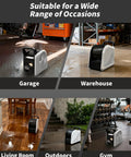 Collage of a 355 CFM Blower Fan With Detachable Filter for Easy Cleaning in garage, warehouse, living room, outdoors, and gym settings.