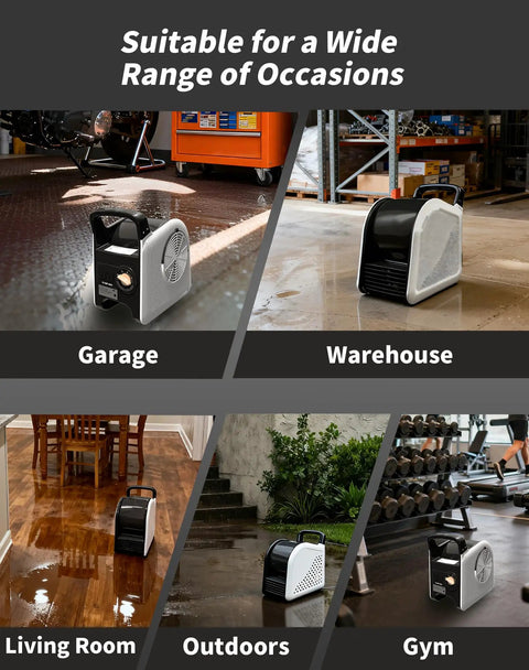 Collage of a 355 CFM Blower Fan With Detachable Filter for Easy Cleaning in garage, warehouse, living room, outdoors, and gym settings.