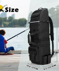 Rugged Fishing Backpack That Holds Eight Rods And Reels Tackle Box Ready Gear Bag With Size Dimensions Indicated