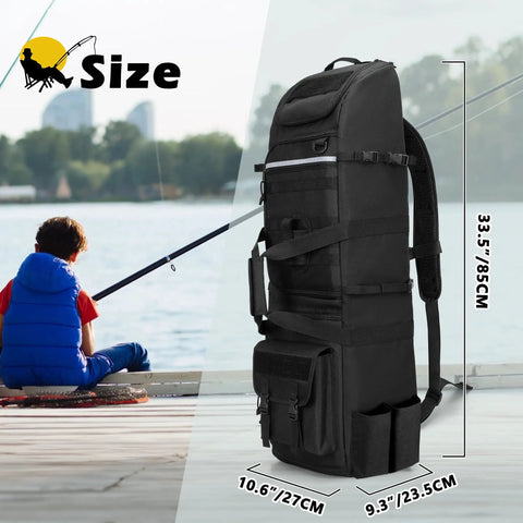 Rugged Fishing Backpack That Holds Eight Rods And Reels Tackle Box Ready Gear Bag With Size Dimensions Indicated