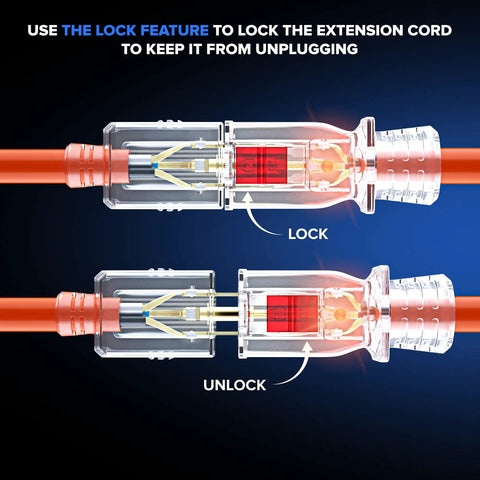Locking Extension Cord With Lighted Power Indicator, 100 Feet, Orange, 16 Gauge SJTW, lock and unlock diagram