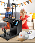 Zero Hassle 6X3.75 Inch Curved Hat Heat Press Clamshell Design Nonstick Aluminum Plate Digital Lcd Timer Temperature Control in use with hats.