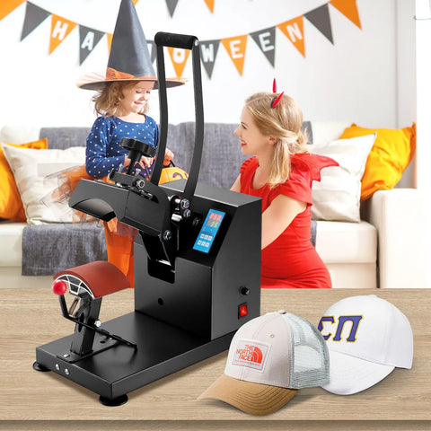 Zero Hassle 6X3.75 Inch Curved Hat Heat Press Clamshell Design Nonstick Aluminum Plate Digital Lcd Timer Temperature Control in use with hats.