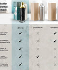 Comparison chart featuring Top Shelf Insulated Cocktail Shaker Set With Double Wall Stainless Steel Body and benefits.