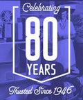 Celebrating 80 years, trusted since 1946, with a vintage style image of a woman next to an old film projector.