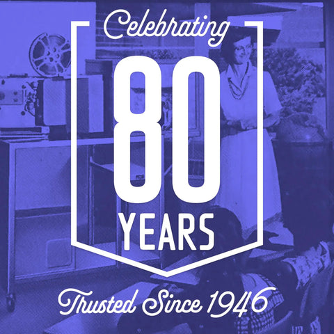 Celebrating 80 years, trusted since 1946, with a vintage style image of a woman next to an old film projector.