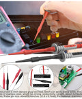 Double Insulated Multimeter Test Lead Kit with 4mm Banana Probes, Alligator Clips, and 0.7mm Needle Probe in use for electrical testing