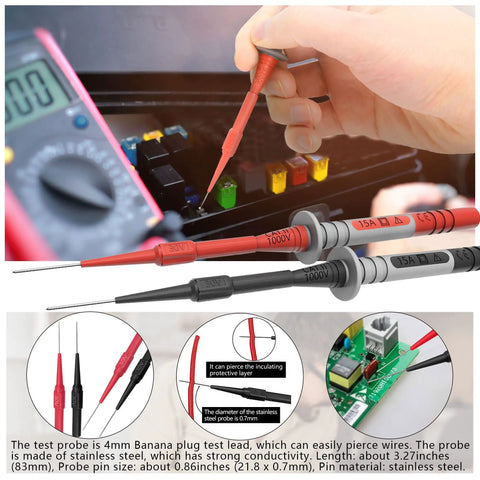 Double Insulated Multimeter Test Lead Kit with 4mm Banana Probes, Alligator Clips, and 0.7mm Needle Probe in use for electrical testing