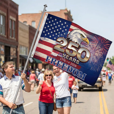 Double Sided 3x5 Ft Patriotic USA Flag With 2 Brass Grommets For Independence Day Celebration with bold eagle and 250 years design.