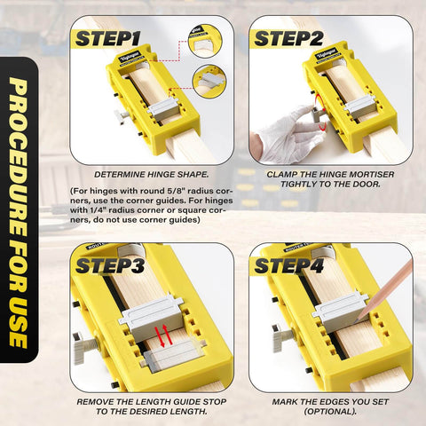 Steps showing Router Template Hinge Mortiser For 3 To 5 Inch Hinges No Fuss Fit, Square Or Radius Corner Styles and accurate positioning