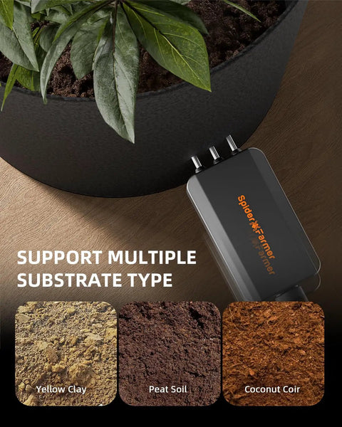 Dialed-In 3-In-1 Soil Sensor Pro Kit For Indoor Grow Tents High-Precision Temperature Moisture And EC Readings From Durable Probes Ideal For Home Grow Rooms And Smart Gardeners Seeking Fast Soil Health Insights. black soil sensor beside pot, for yellow clay, peat soil, and coconut coir