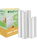 Image of Custom Length Vacuum Sealer Bags Multipack Of 5 Count Rolls For Airtight Food Storage And Sous Vide next to original packaging.