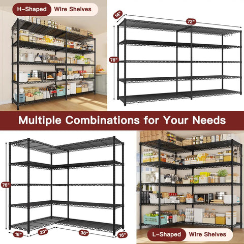 72 Inch Wide Wire Shelving Rack, Heavy Duty 1750 Lbs Capacity, 16 Inch Deep, 76 Inch High, L Shaped Storage Shelves For Garage, Warehouse, Pantry, Basement Organization in L-shaped setup