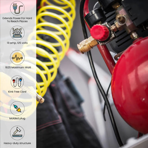 Air compressor with red tank beside yellow coiled hose, showcasing features of 100 Ft Outdoor Extension Cord 14/3 SJTW Black Contractor Grade