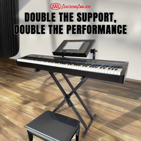 Two Tier Portable DJ Table Stand for Laptops, MIDI Controllers, Tablets and Sheet Music with keyboard, stage setup