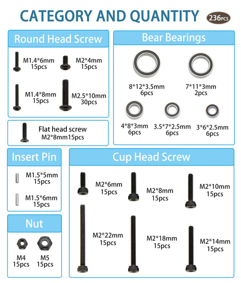 Diagram showing 236-piece Ascent 18 RC Crawler Upgrade Kit with stainless steel screws, bearings, and bushings for maintenance.