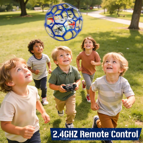 Rad Remote Control Helicopter Toy For Kids 8 To 16 with 2.4 GHz flying ball surrounded by children in a park, outdoor fun.