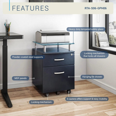 Heavy Duty Two Drawer Rolling File Cabinet With Secure Lock And Sleek Glass Top Fits Under Desk Smooth Chrome Glide Wheels Graphite Finish on wheels.