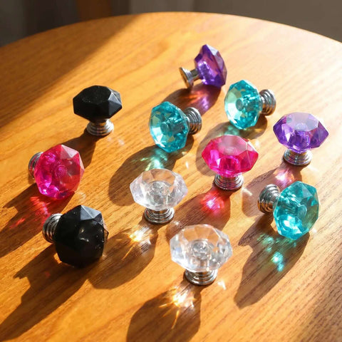 Colorful Crystal Cabinet Knobs Set 10 Pack 26mm Drawer Pulls in Five Dope Colors with aluminum backing, wooden surface