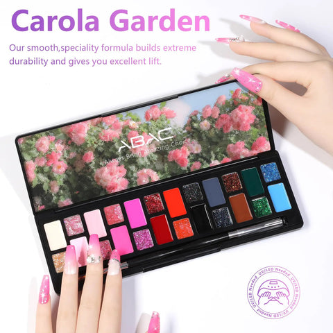 24 Color Hema Free Solid Gel Nail Polish Kit with palette and detachable brush, featuring Blush Pink and Midnight Blue shades.